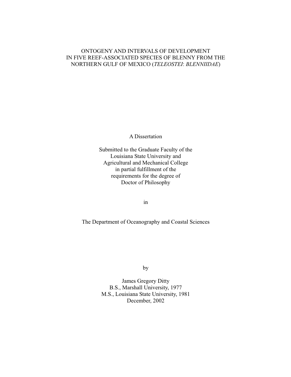 Ontogeny and Intervals of Development in Five Reef-Associated Species of Blenny from the Northern Gulf of Mexico (Teleostei: Blenniidae)