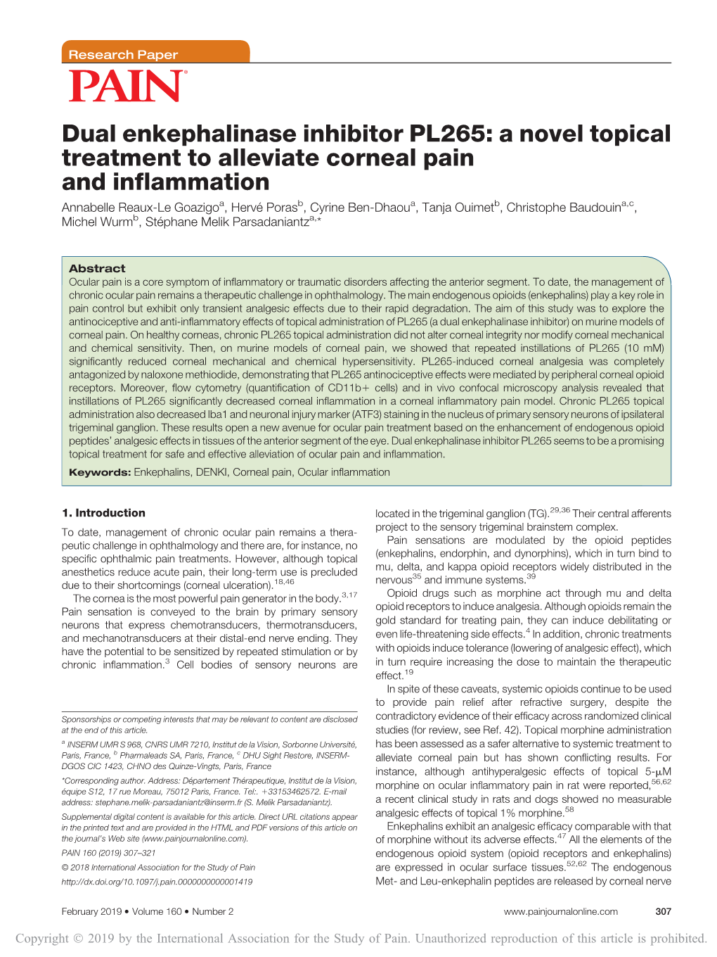 A Novel Topical Treatment to Alleviate Corneal Pain and Inflammation