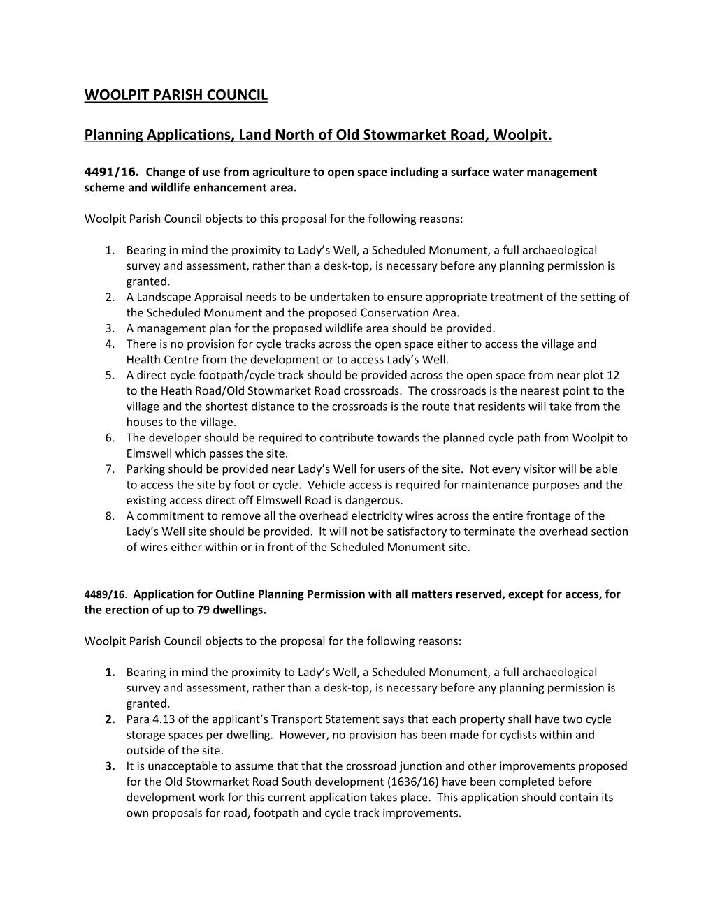 WOOLPIT PARISH COUNCIL Planning Applications, Land North of Old Stowmarket Road, Woolpit