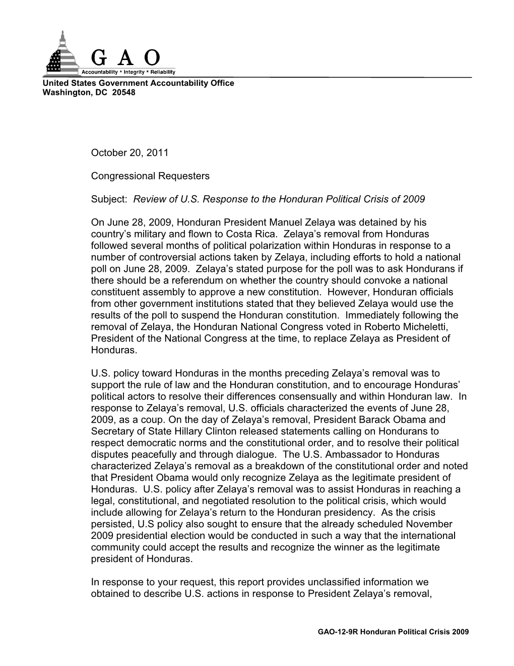 GAO-12-9R Review of U.S. Response to the Honduran Political Crisis Of