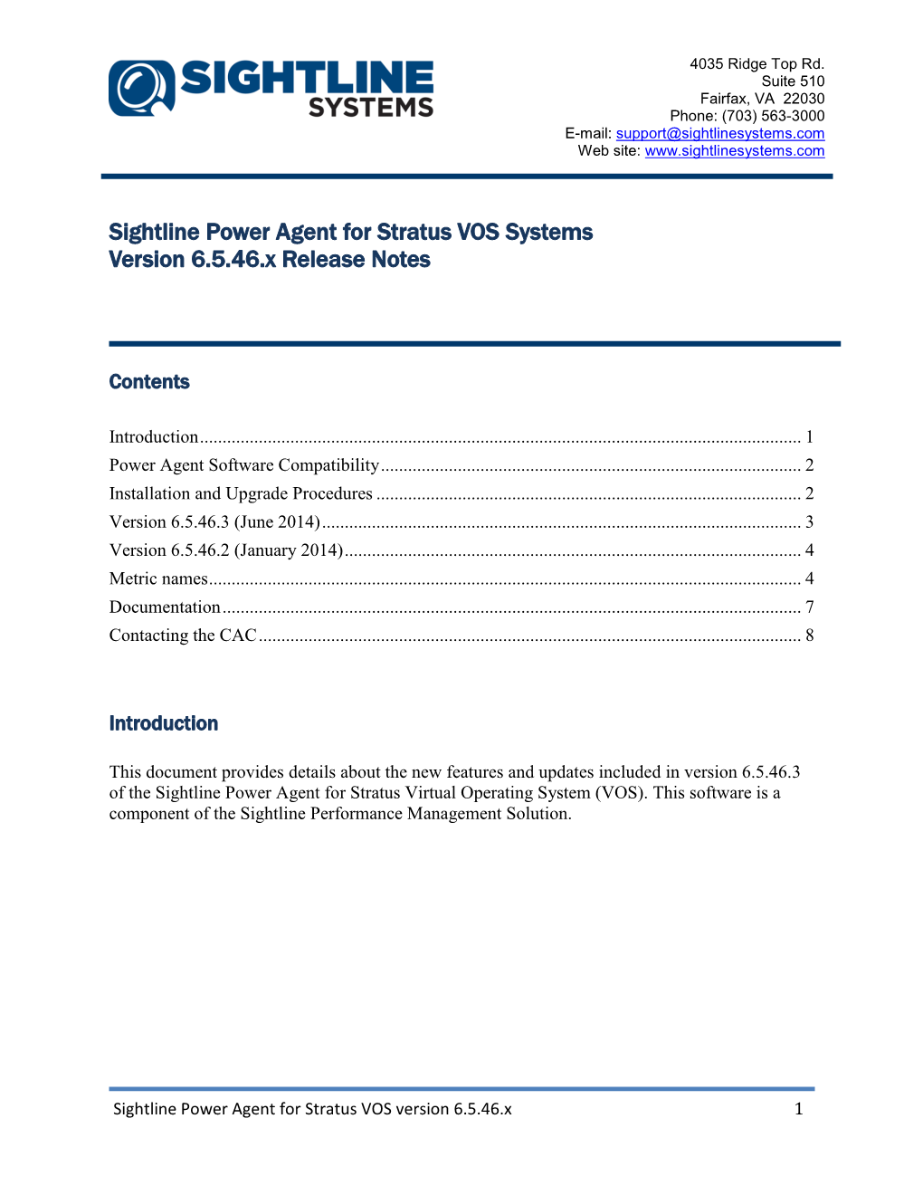 Sightline Power Agent for Stratus VOS Systems Version 6.5.46.X Release Notes
