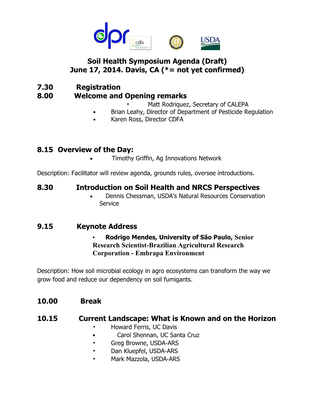 Soil Health Symposium Agenda (Draft)