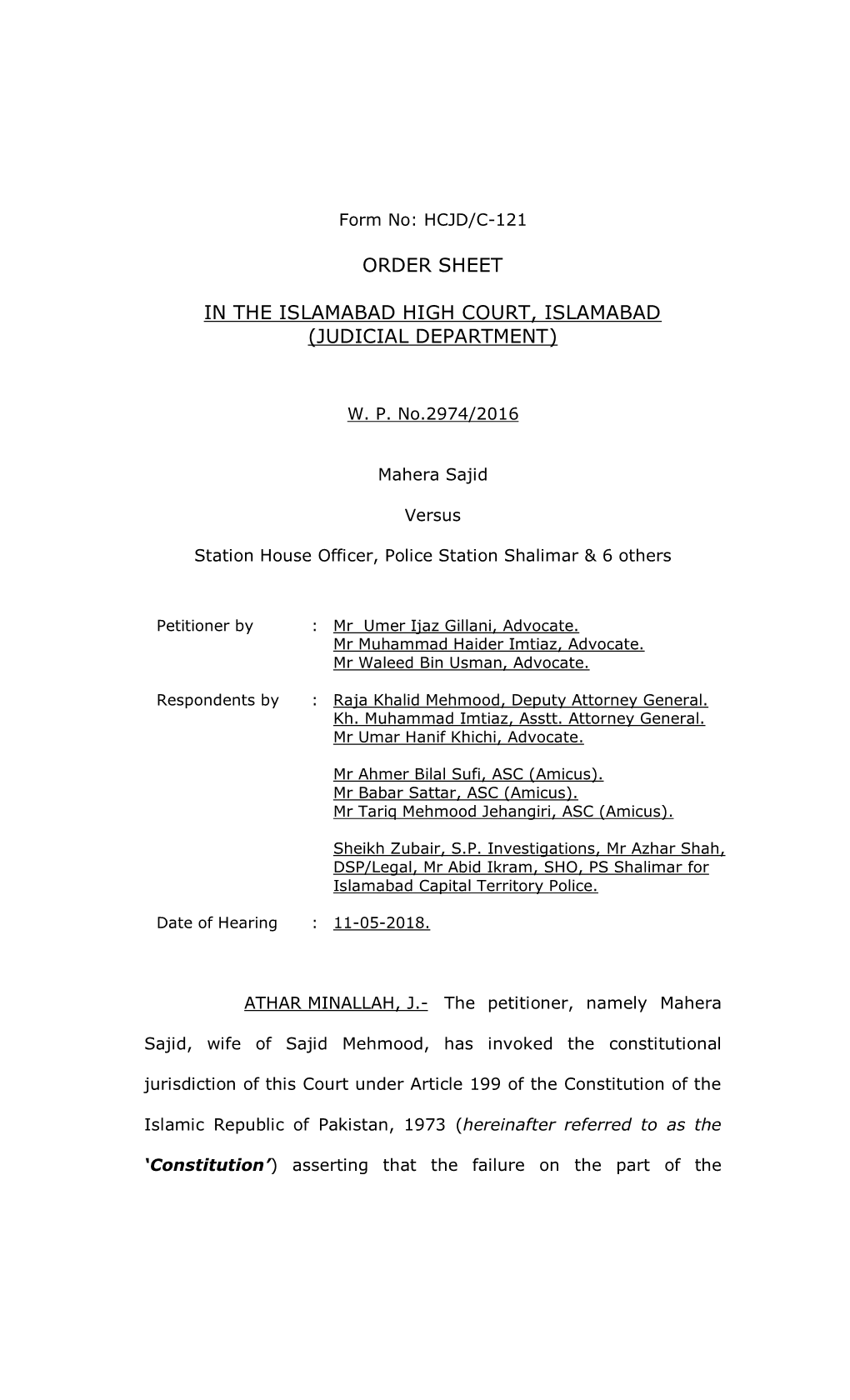 Order Sheet in the Islamabad High Court, Islamabad (Judicial Department)