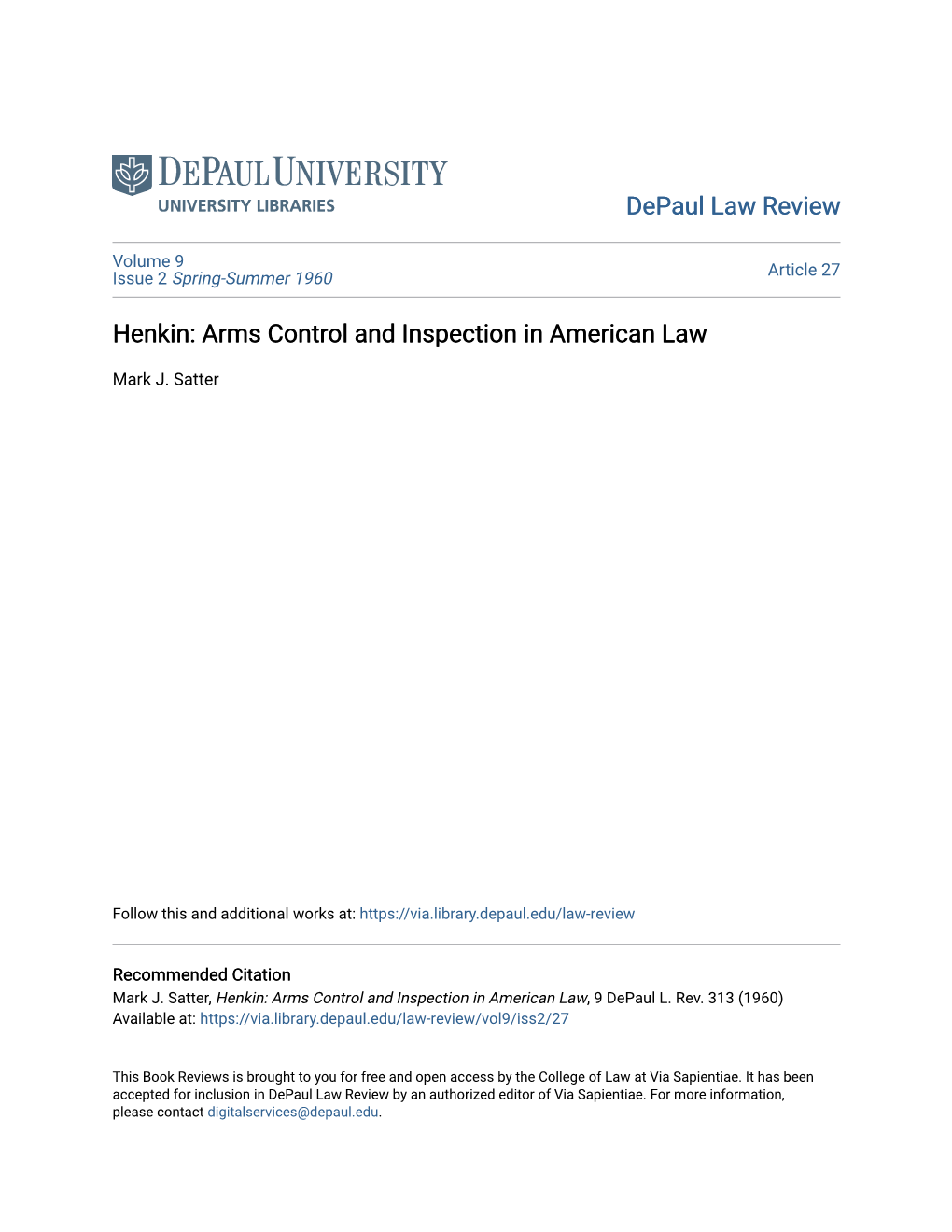 Henkin: Arms Control and Inspection in American Law