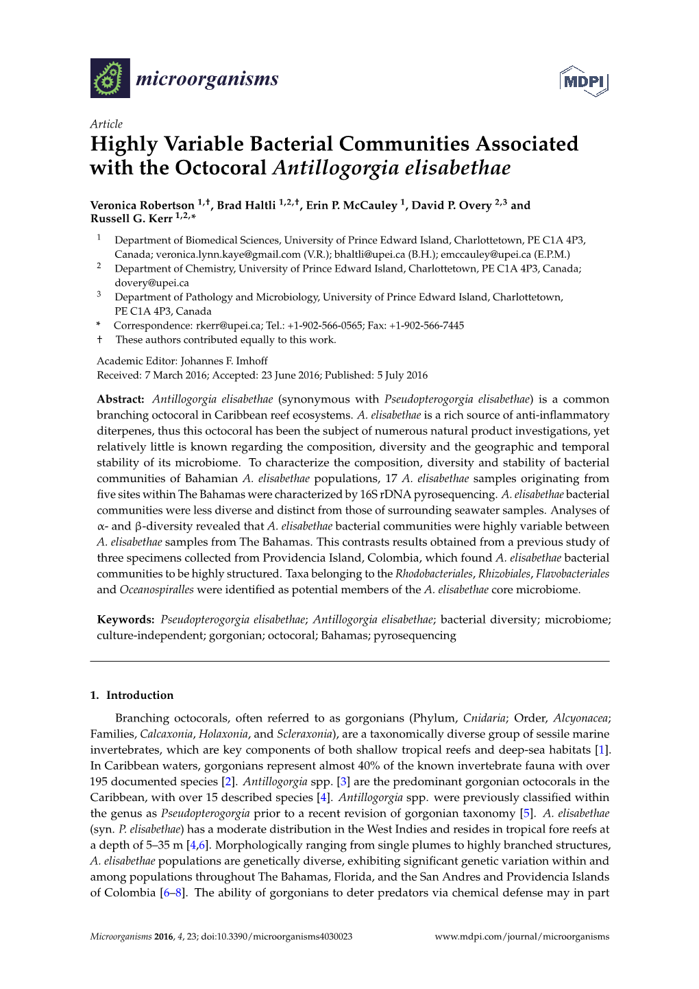 Highly Variable Bacterial Communities Associated with the Octocoral Antillogorgia Elisabethae