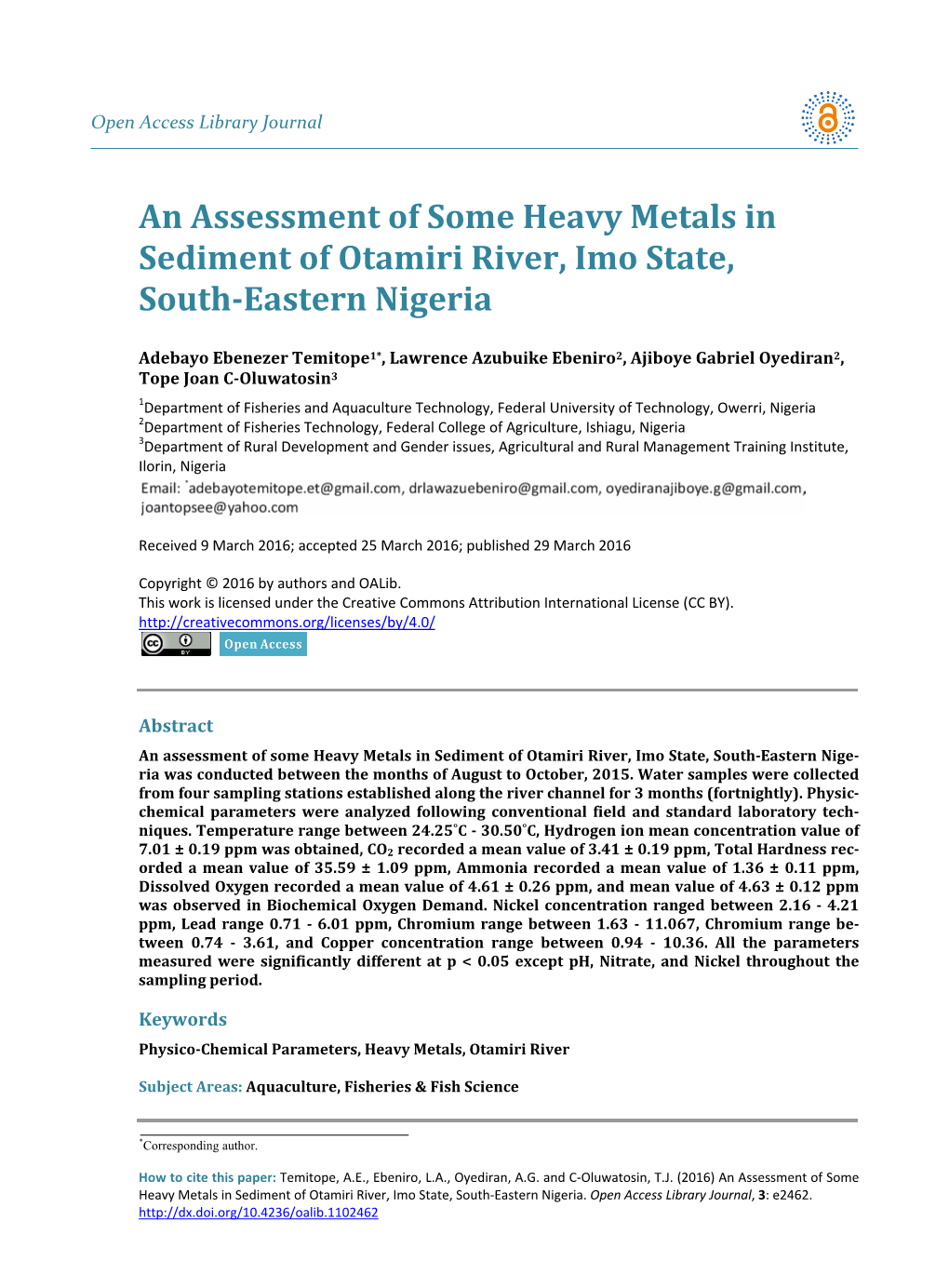 An Assessment of Some Heavy Metals in Sediment of Otamiri River, Imo State, South-Eastern Nigeria