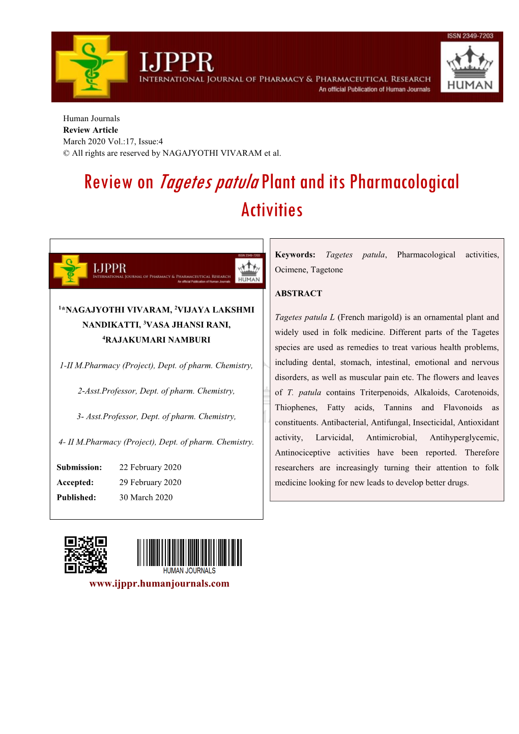 Review on Tagetes Patulaplant and Its Pharmacological Activities