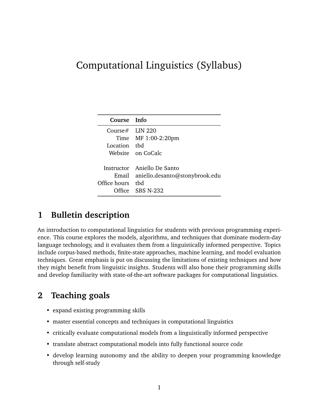 Computational Linguistics (Syllabus)