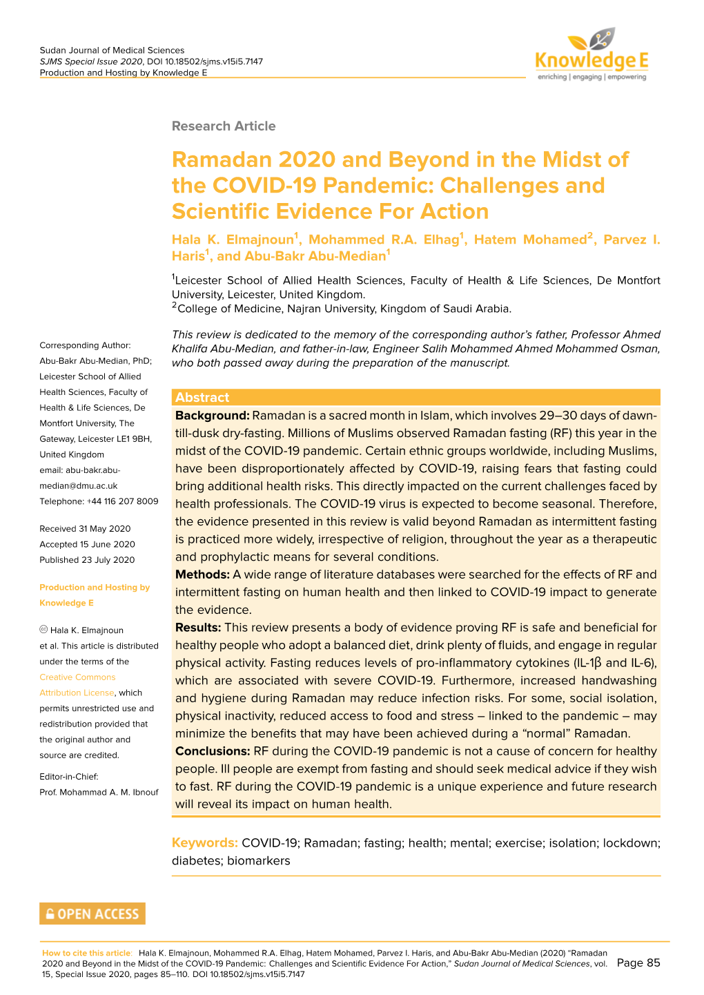 Ramadan 2020 and Beyond in the Midst of the COVID-19 Pandemic: Challenges and Scientific Evidence for Action Hala K