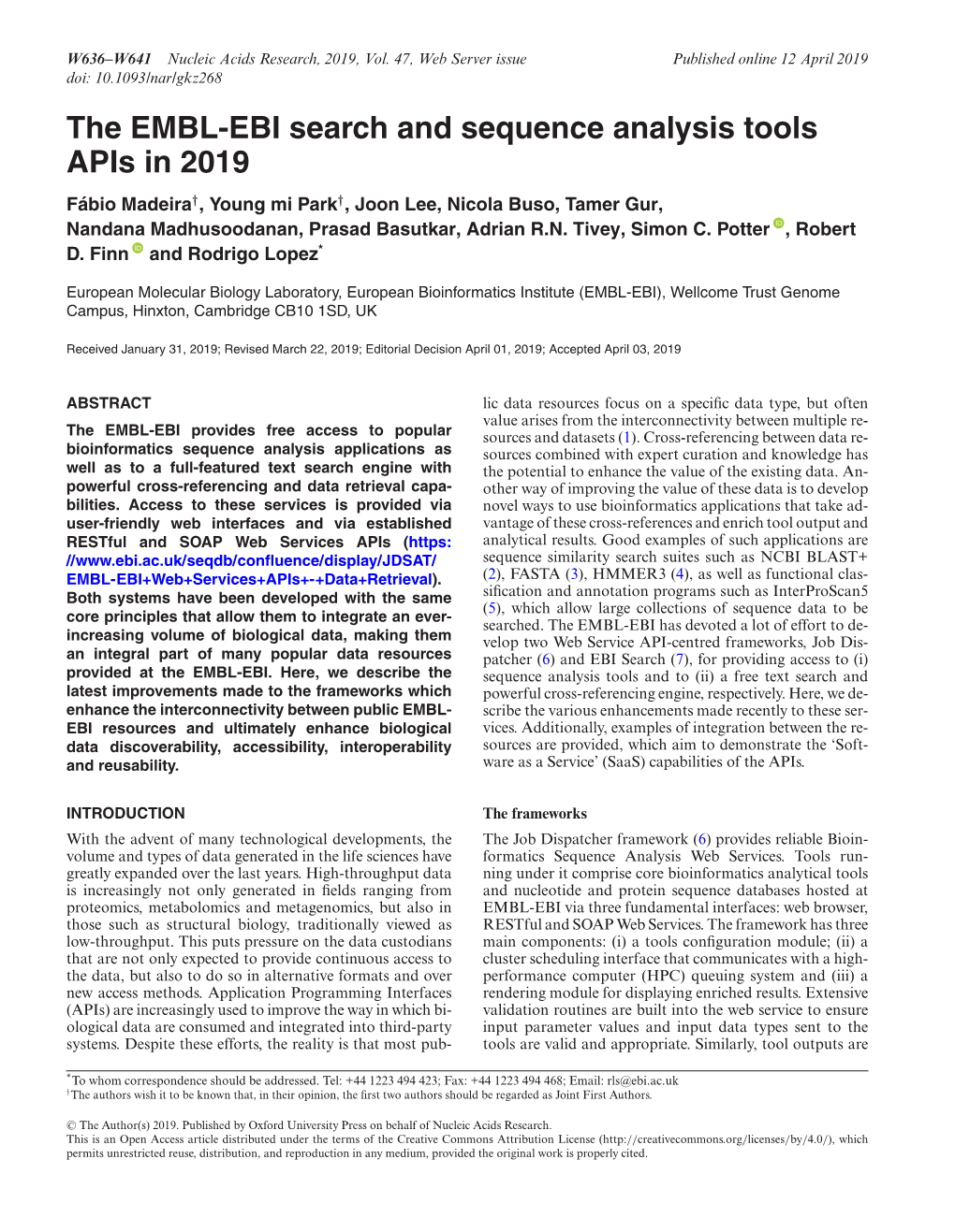 The EMBL-EBI Search and Sequence Analysis Tools Apis in 2019