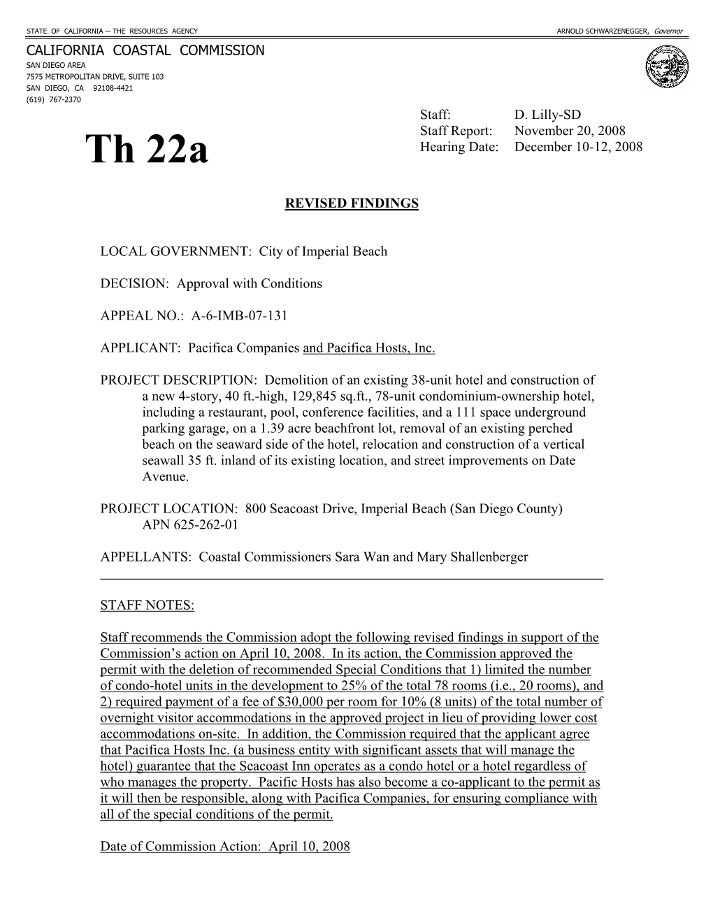 California Coastal Commission Staff Report and Recommendation Regarding Appeal No. A-6-IMB-07-131(Pacifica Co., Imperial Beach)