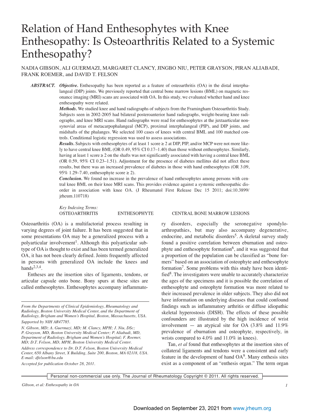 Is Osteoarthritis Related to a Systemic Enthesopathy?