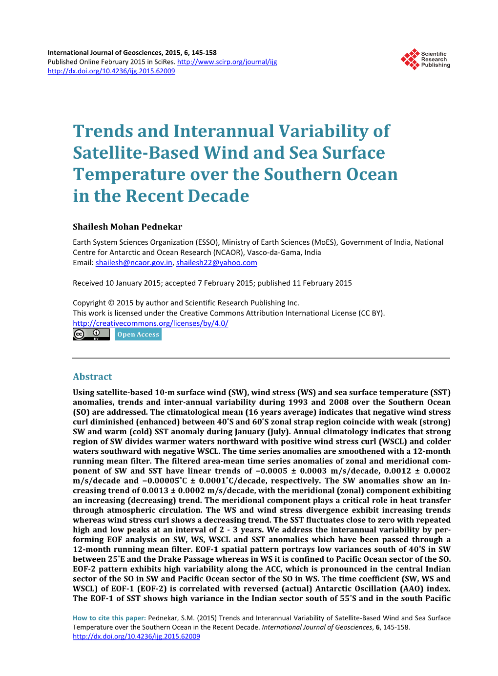 Trends and Interannual Variability of Satellite-Based Wind and Sea Surface Temperature Over the Southern Ocean in the Recent Decade