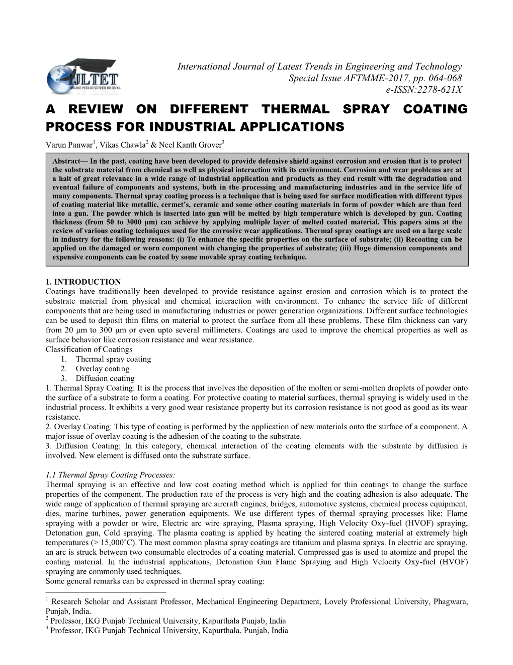 A Review on Different Thermal Spray Coating Process for Industrial Applications