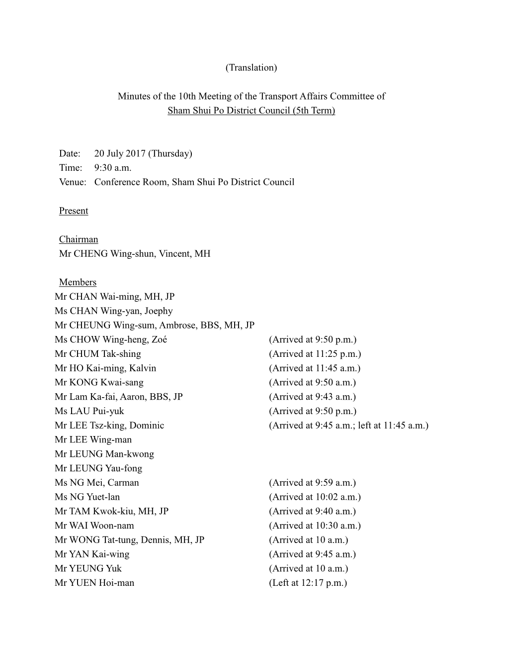 Minutes of the 10Th Meeting of the Transport Affairs Committee of Sham Shui Po District Council (5Th Term)