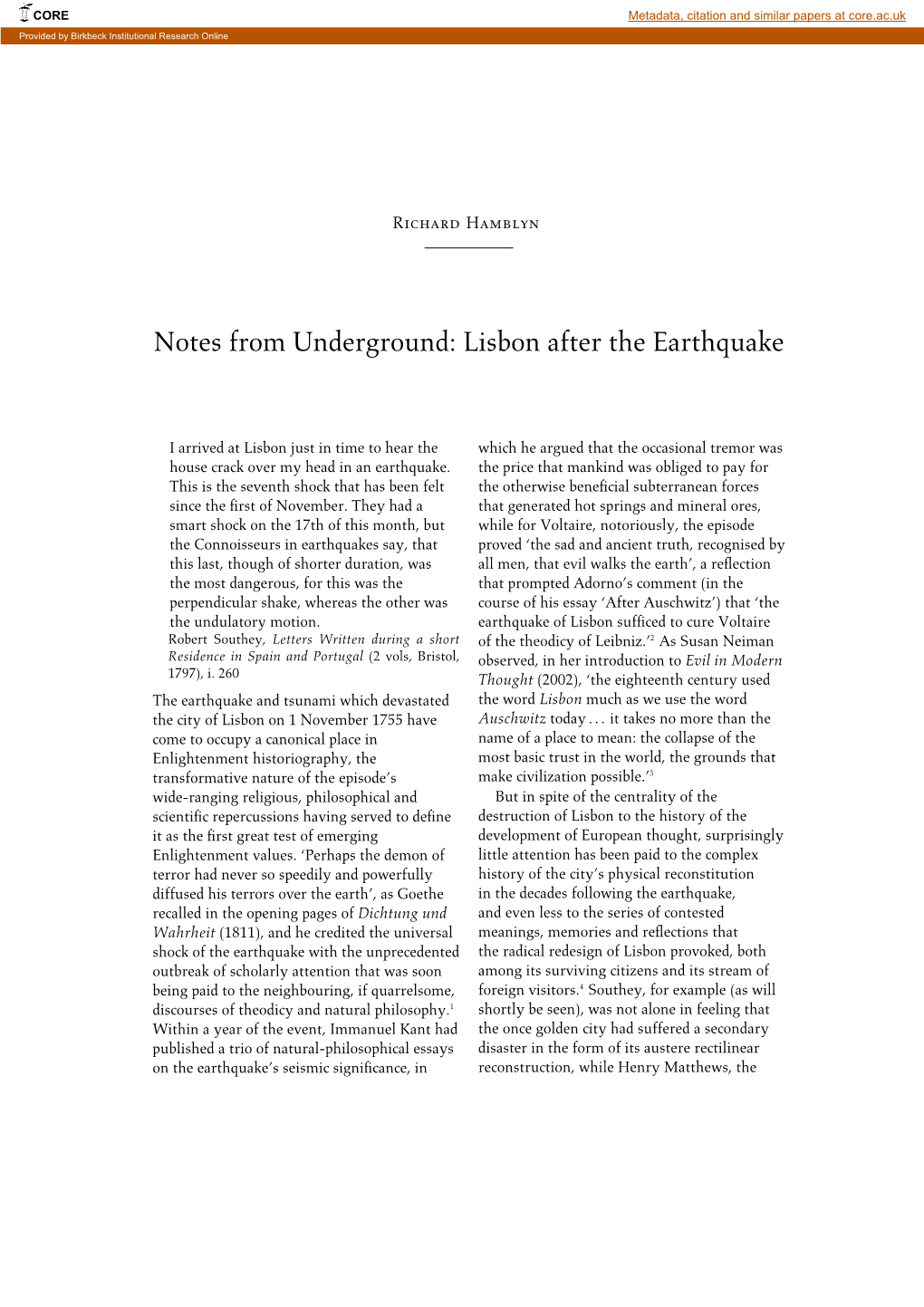 Notes from Underground: Lisbon After the Earthquake