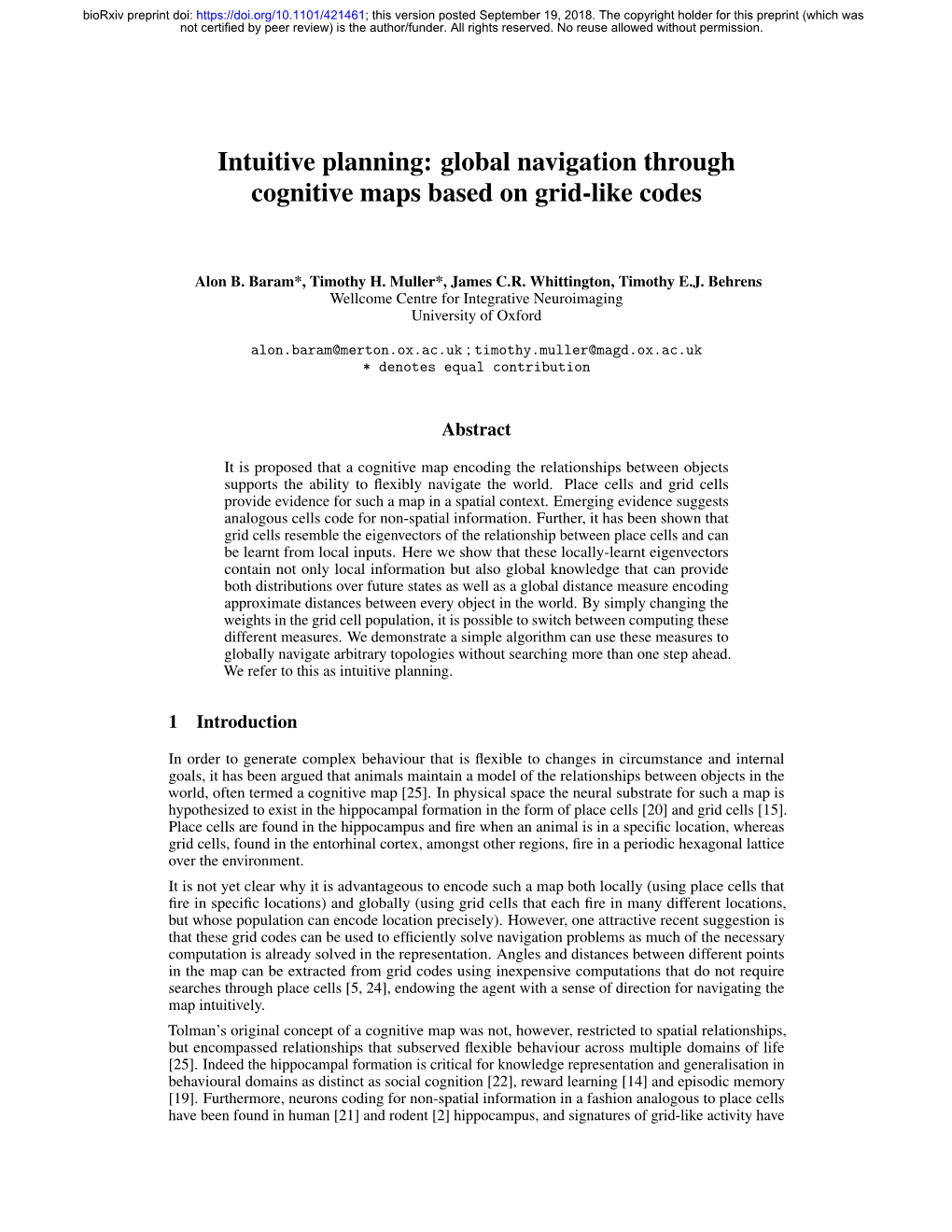 Intuitive Planning: Global Navigation Through Cognitive Maps Based on Grid-Like Codes