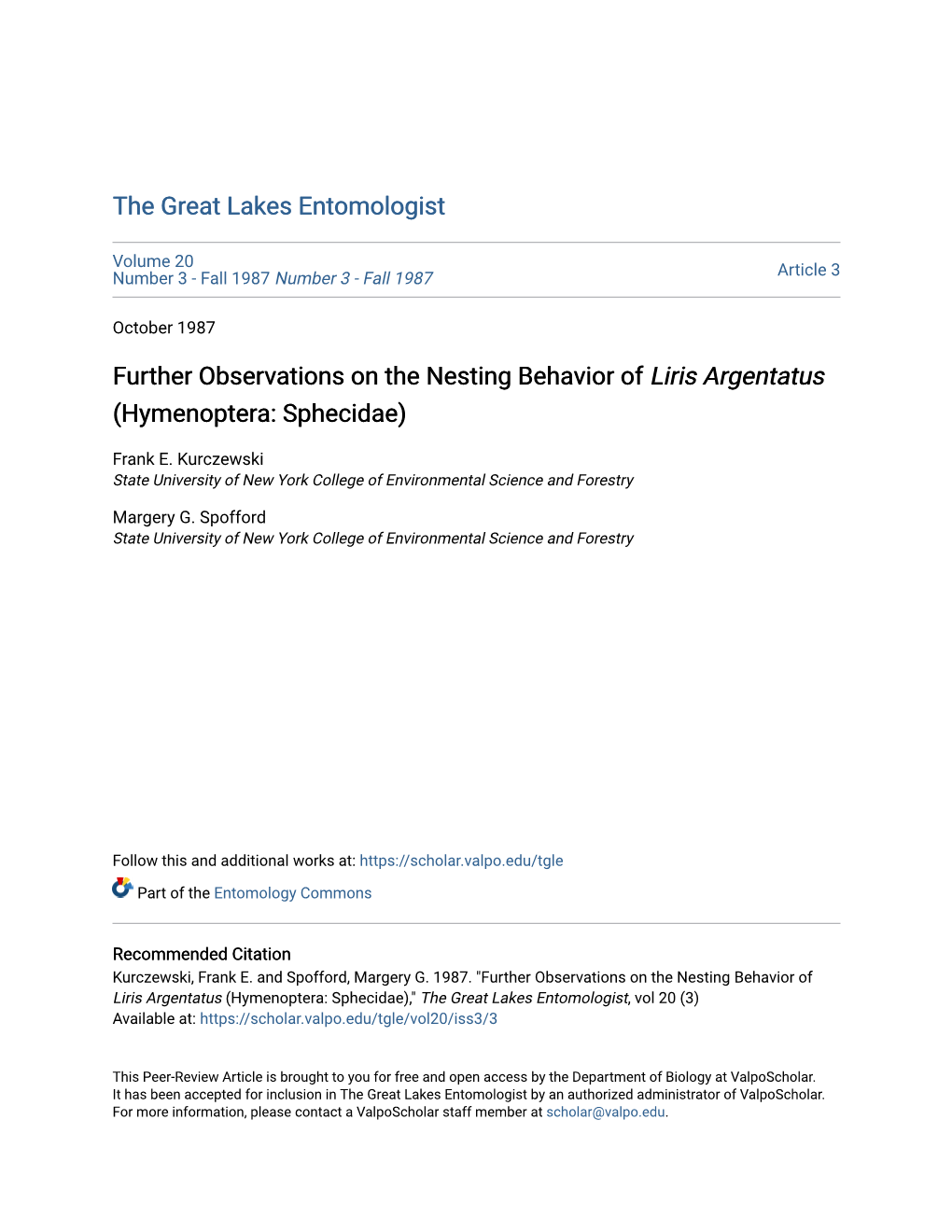 Further Observations on the Nesting Behavior of Liris Argentatus (Hymenoptera: Sphecidae)