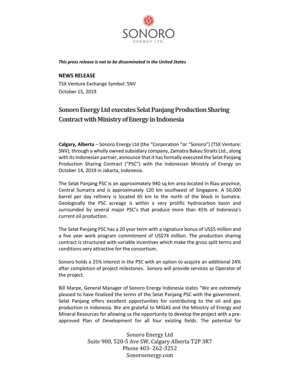 Oct. 15, 2019: Sonoro Energy Executes Selat Panjang Production