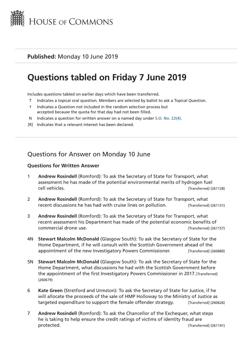 Questions Tabled on Fri 7 Jun 2019