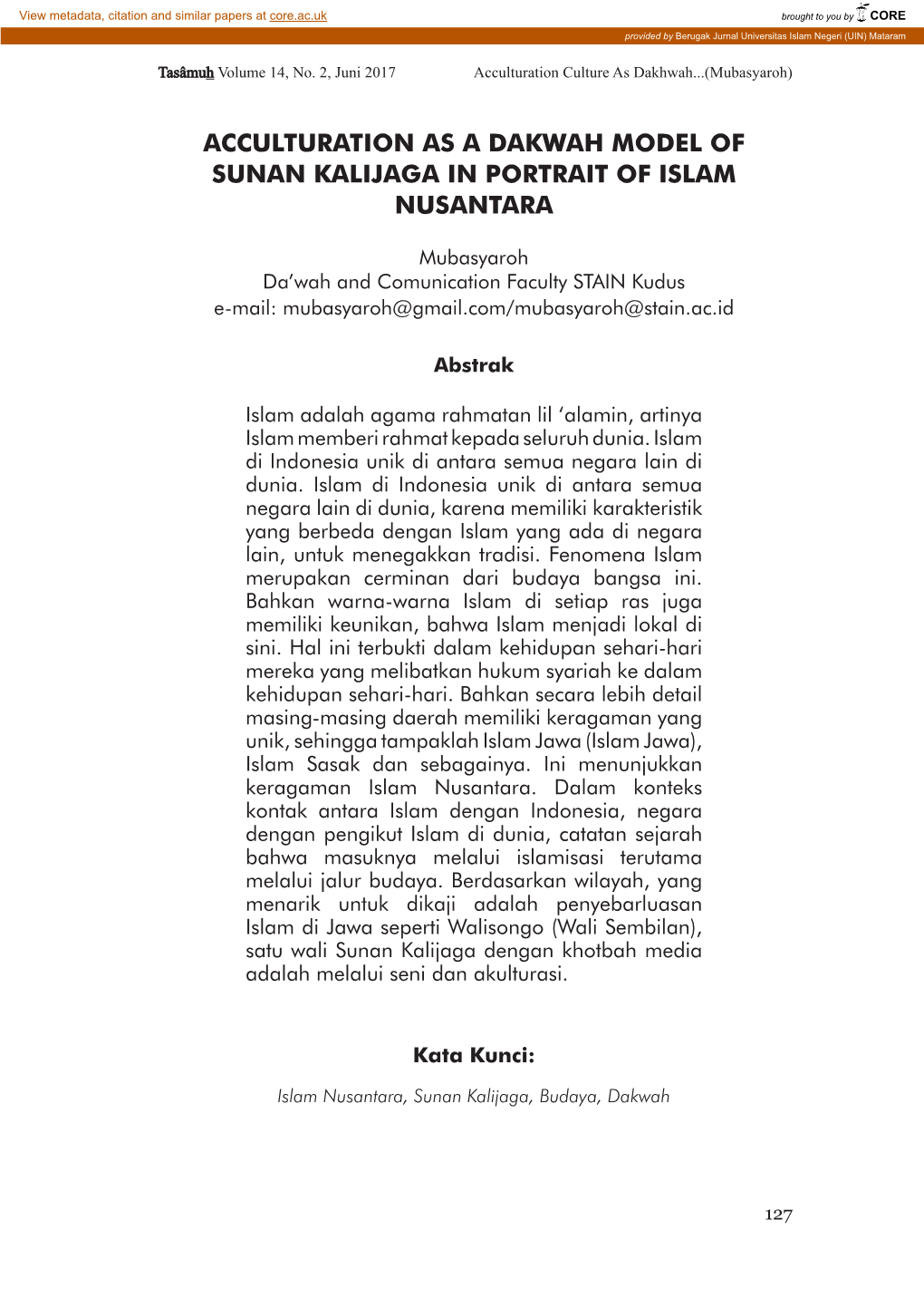 Acculturation As a Dakwah Model of Sunan Kalijaga in Portrait of Islam Nusantara