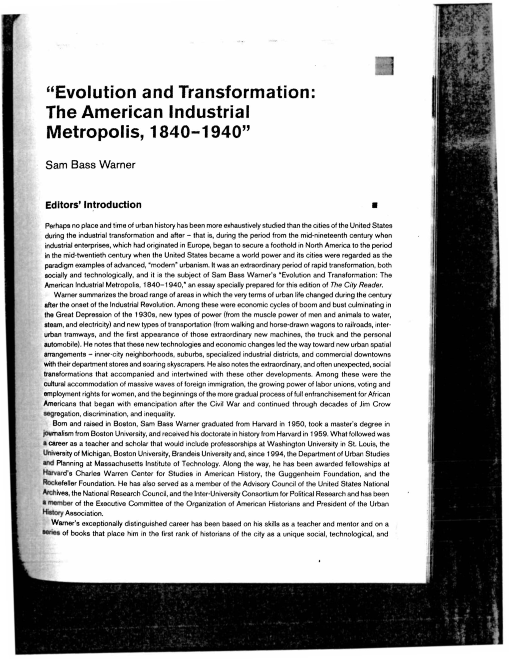 "Evolution and Transformation: the American Industrial Metropolis, 1840-1940"