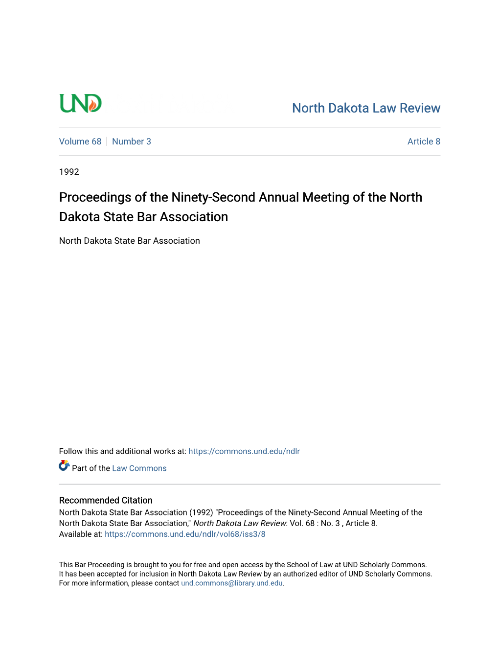 Proceedings of the Ninety-Second Annual Meeting of the North Dakota State Bar Association