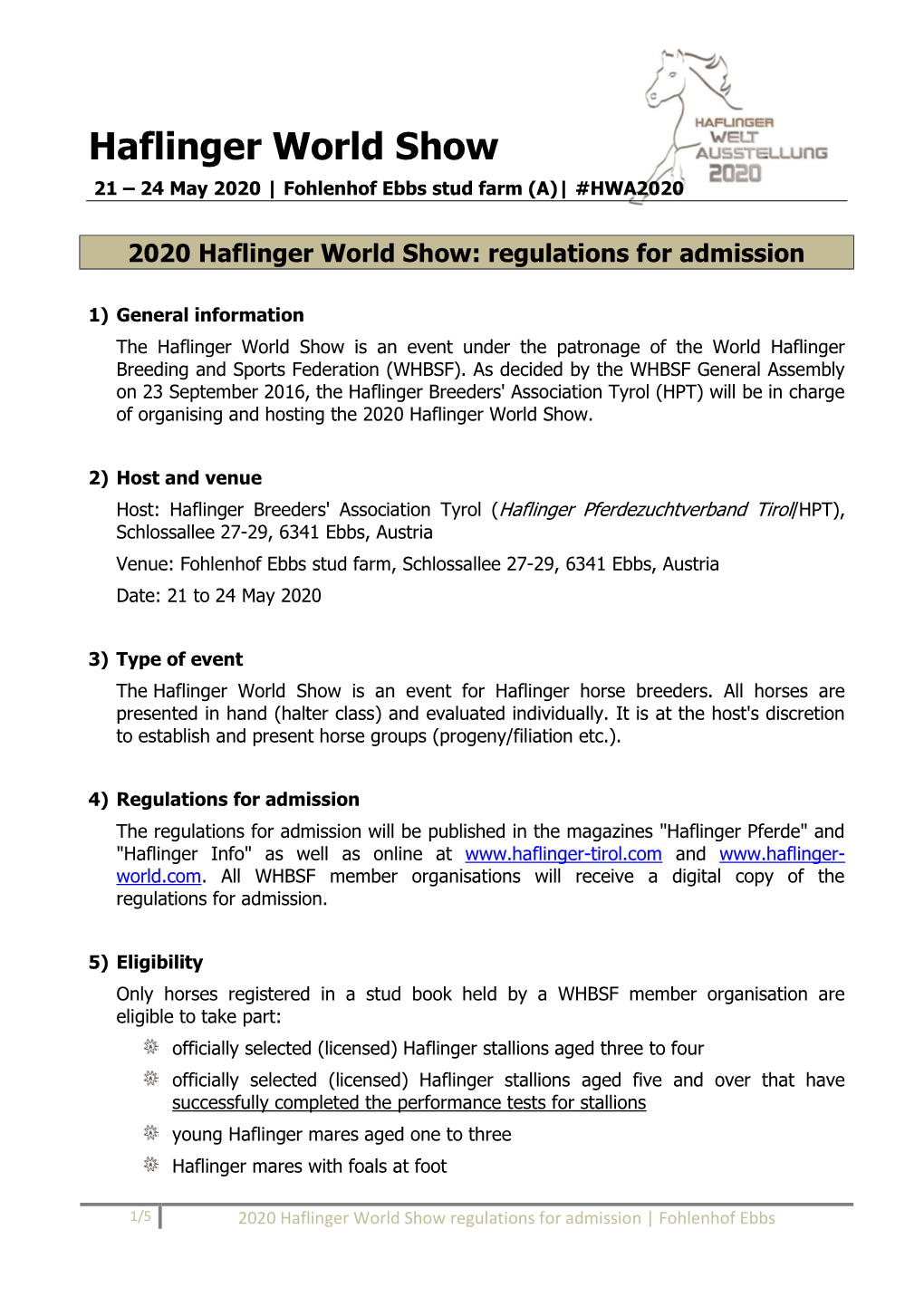 Haflinger World Show 21 – 24 May 2020 | Fohlenhof Ebbs Stud Farm (A)| #HWA2020