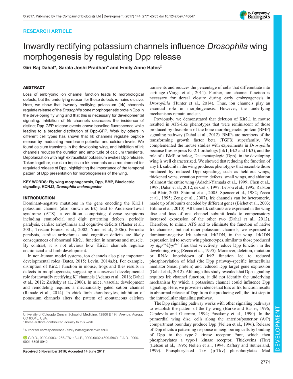 Inwardly Rectifying Potassium Channels Influence Drosophila Wing Morphogenesis by Regulating Dpp Release Giri Raj Dahal*, Sarala Joshi Pradhan* and Emily Anne Bates‡