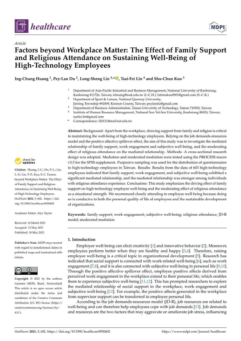 The Effect of Family Support and Religious Attendance on Sustaining Well-Being of High-Technology Employees