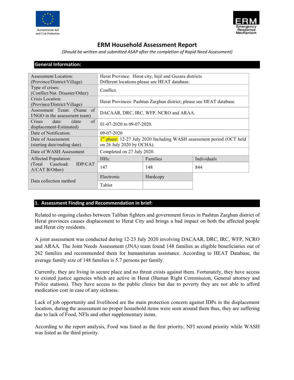 ERM Household Assessment Report (Should Be Written and Submitted ASAP After the Completion of Rapid Need Assessment)