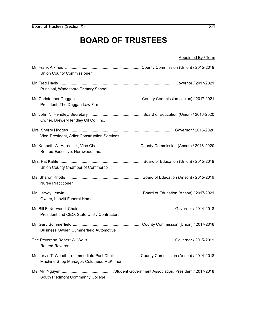 Board of Trustees (Section X) X-1