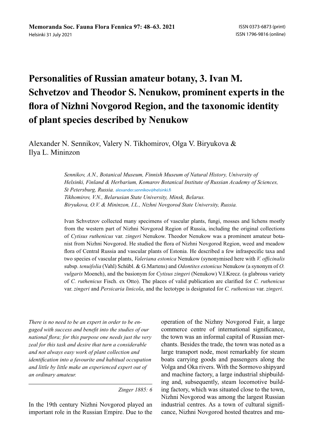 Personalities of Russian Amateur Botany, 3. Ivan M. Schvetzov and Theodor S
