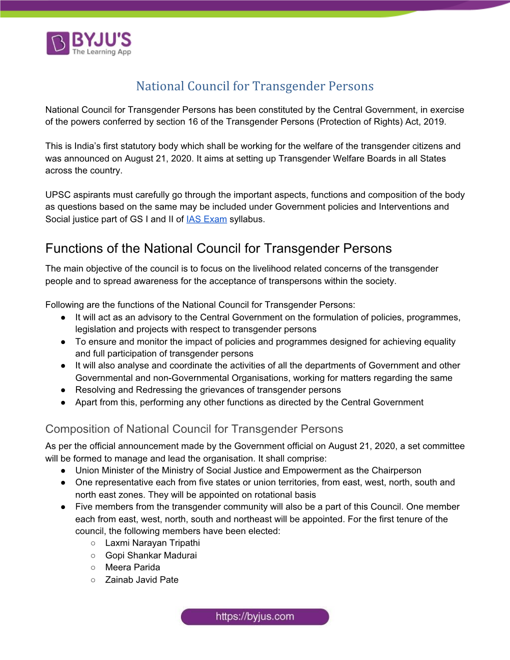 National Council for Transgender Persons Functions of the National