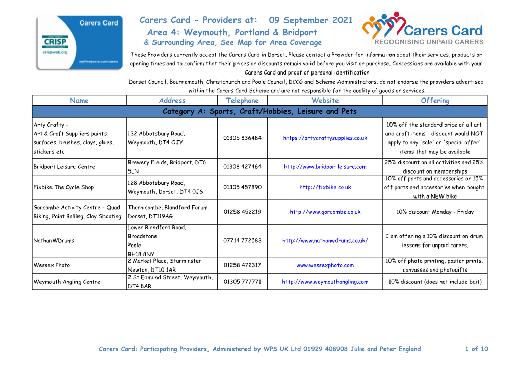 Weymouth, Portland & Bridport Carers Card