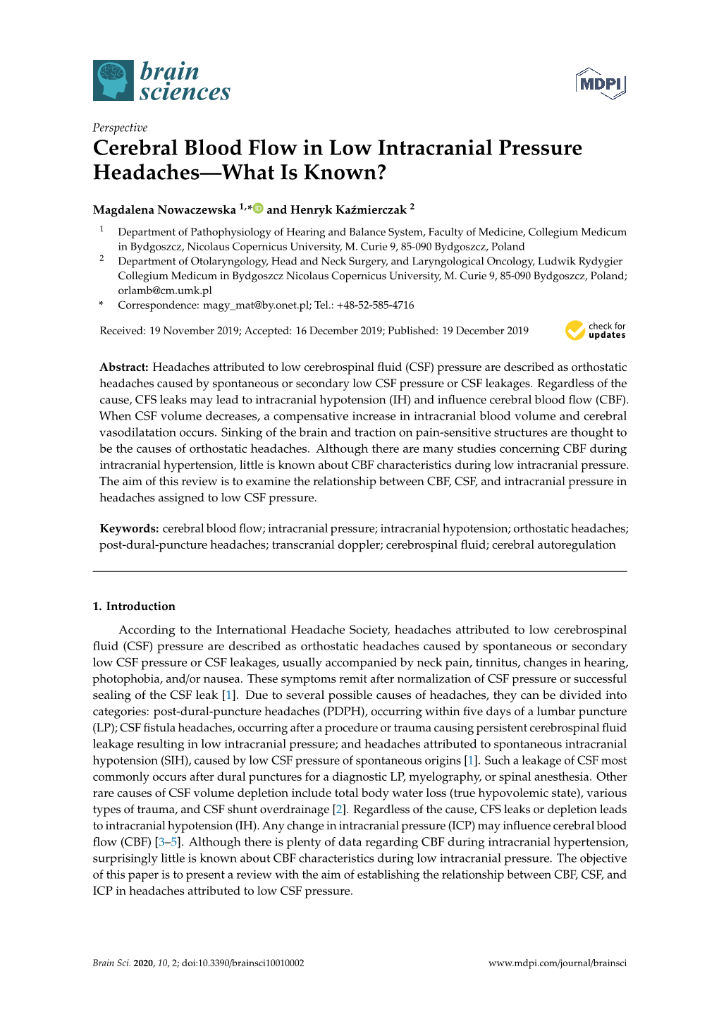 Cerebral Blood Flow in Low Intracranial Pressure Headaches—What Is Known?