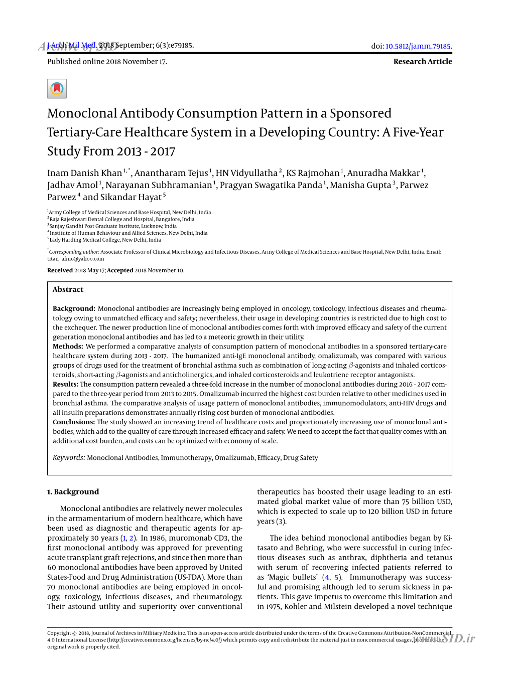 Monoclonal Antibody Consumption Pattern in a Sponsored Tertiary-Care Healthcare System in a Developing Country: a Five-Year Study from 2013 - 2017