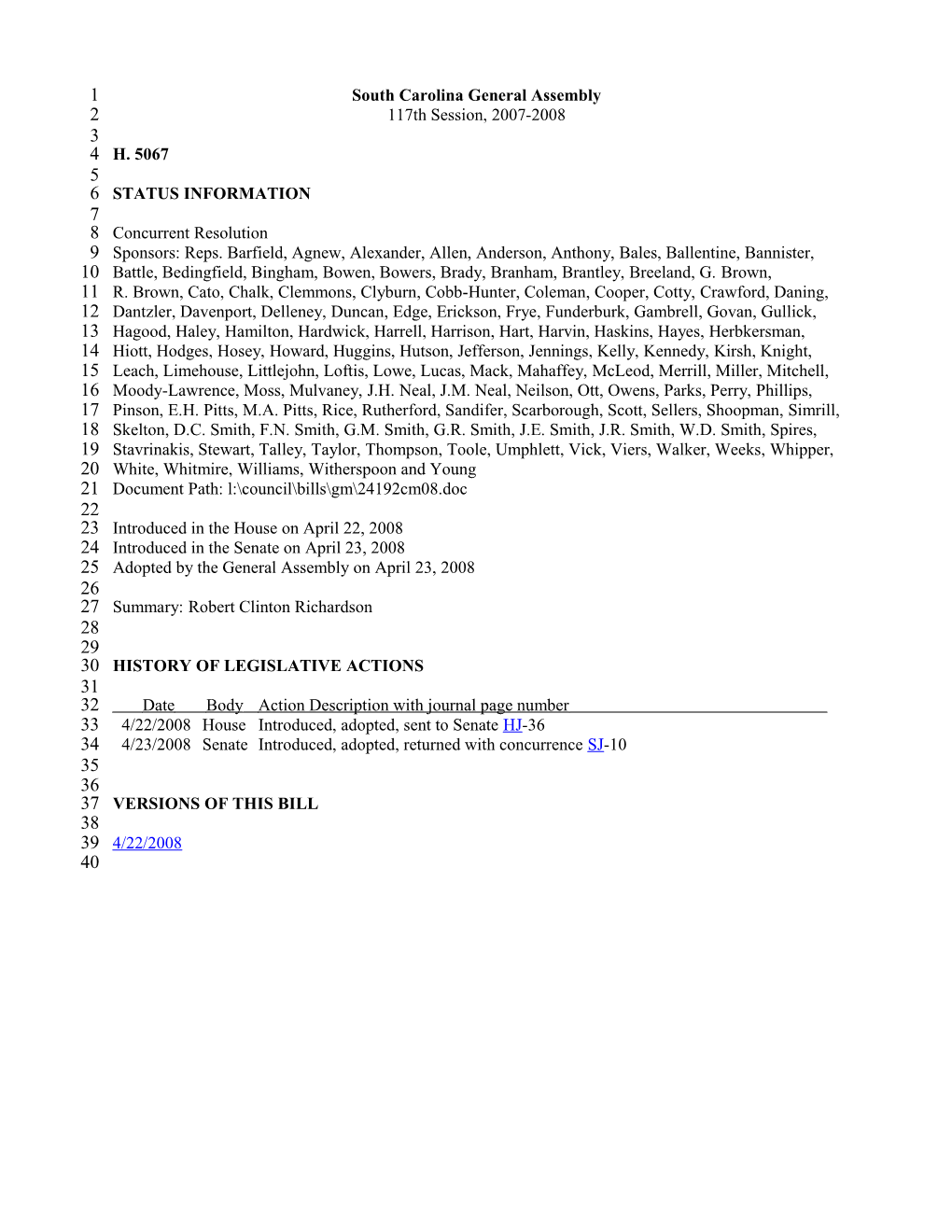 2007-2008 Bill 5067: Robert Clinton Richardson - South Carolina Legislature Online