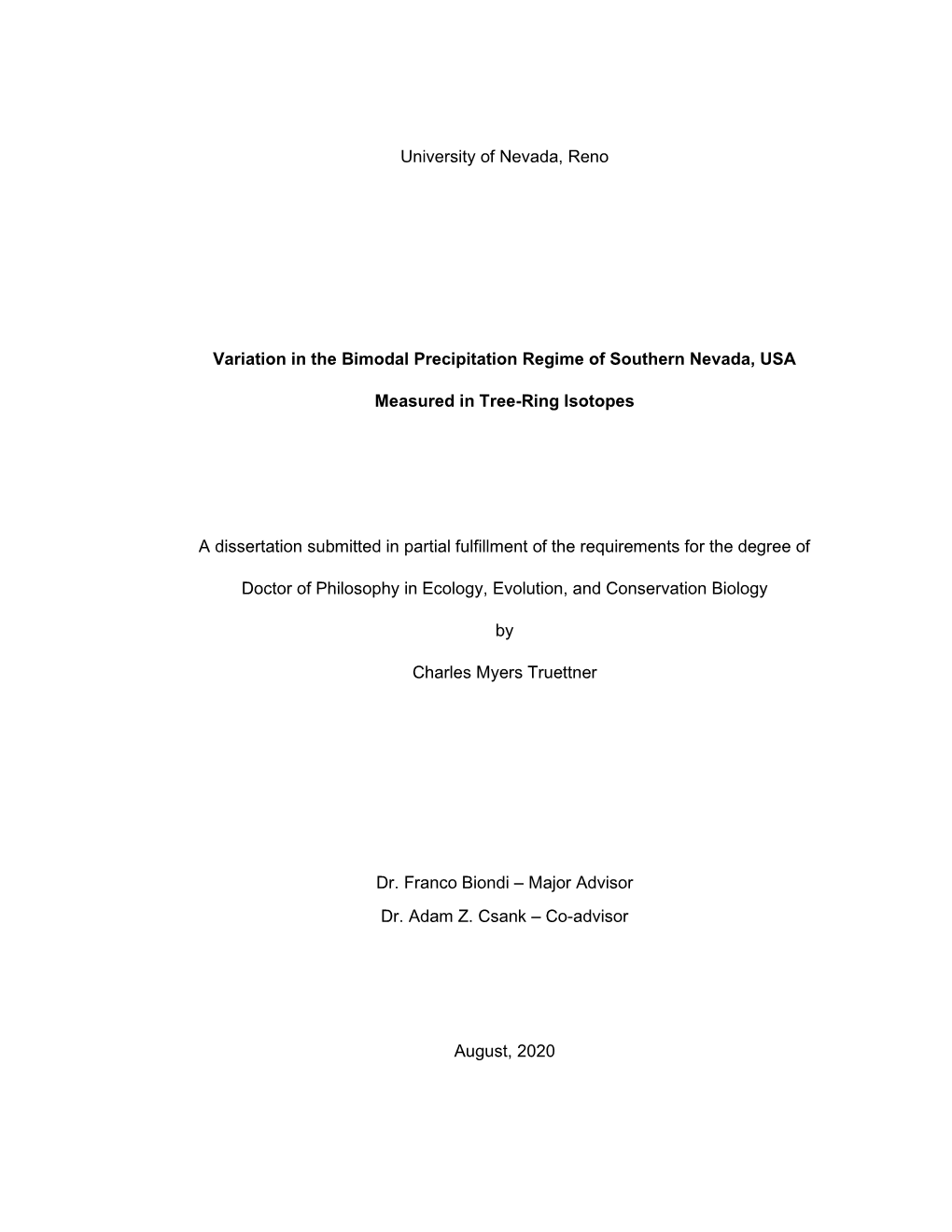 University of Nevada, Reno Variation in the Bimodal Precipitation Regime