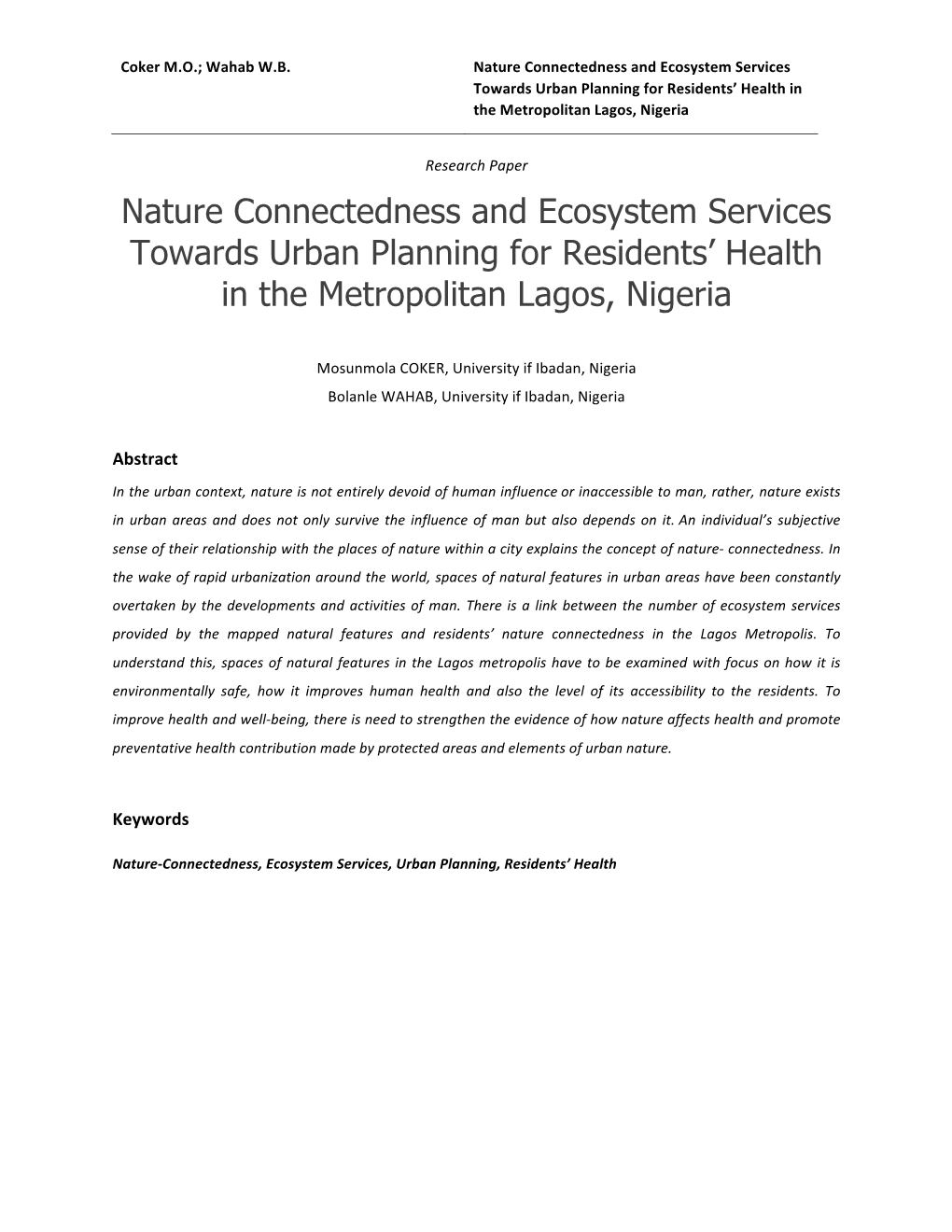 Nature Connectedness and Ecosystem Services Towards Urban Planning for Residents’ Health in the Metropolitan Lagos, Nigeria
