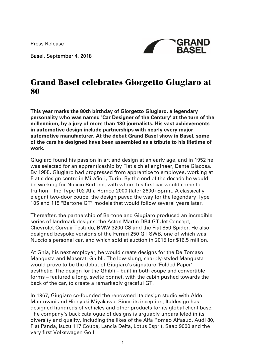 Grand Basel Celebrates Giorgetto Giugiaro at 80