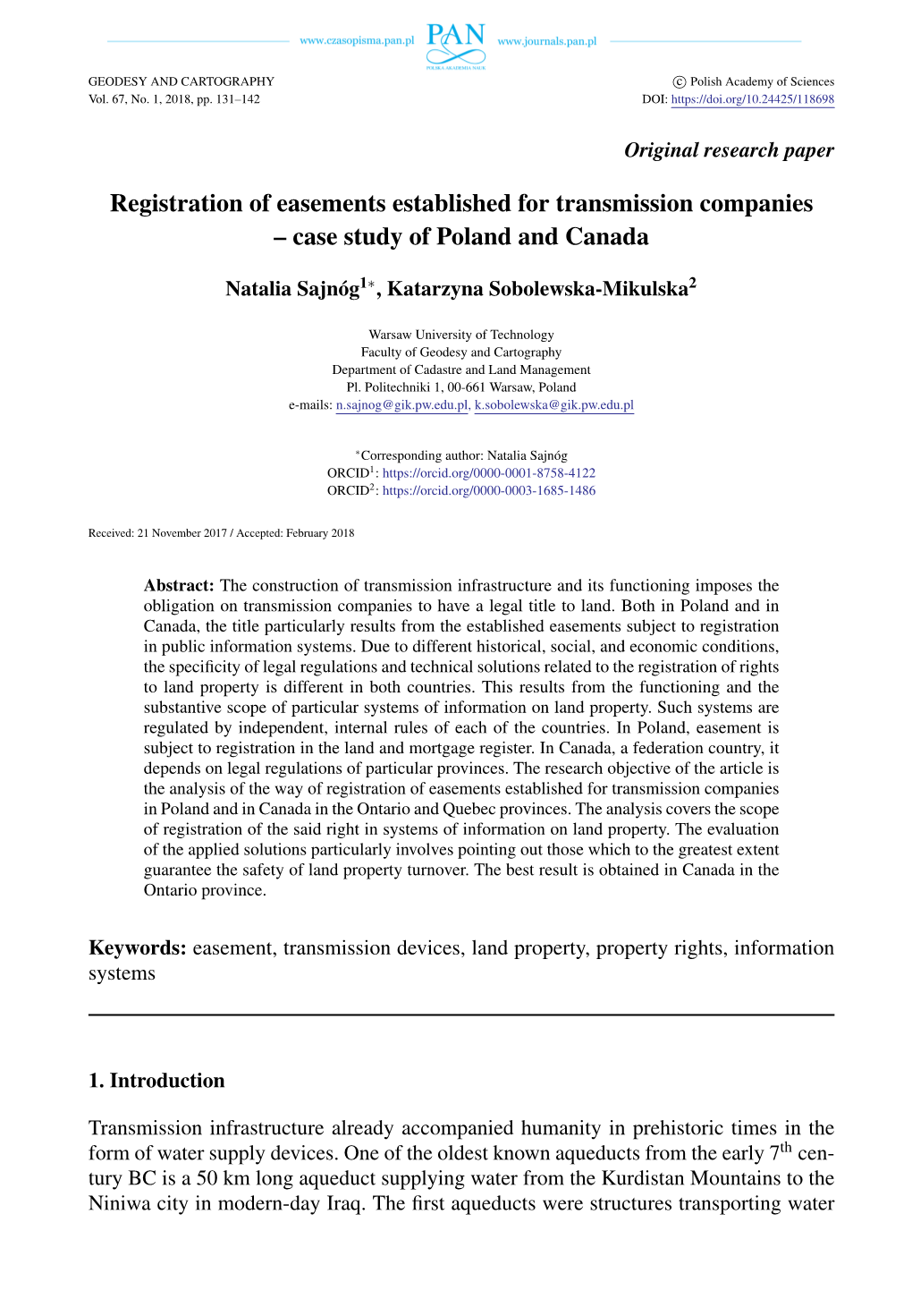 Registration of Easements Established for Transmission Companies – Case Study of Poland and Canada