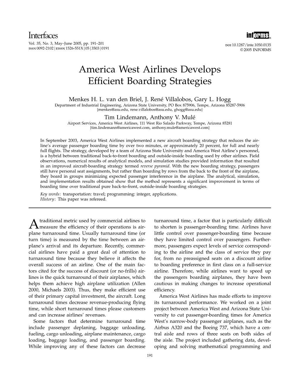 America West Airlines Develops Efficient Boarding Strategies