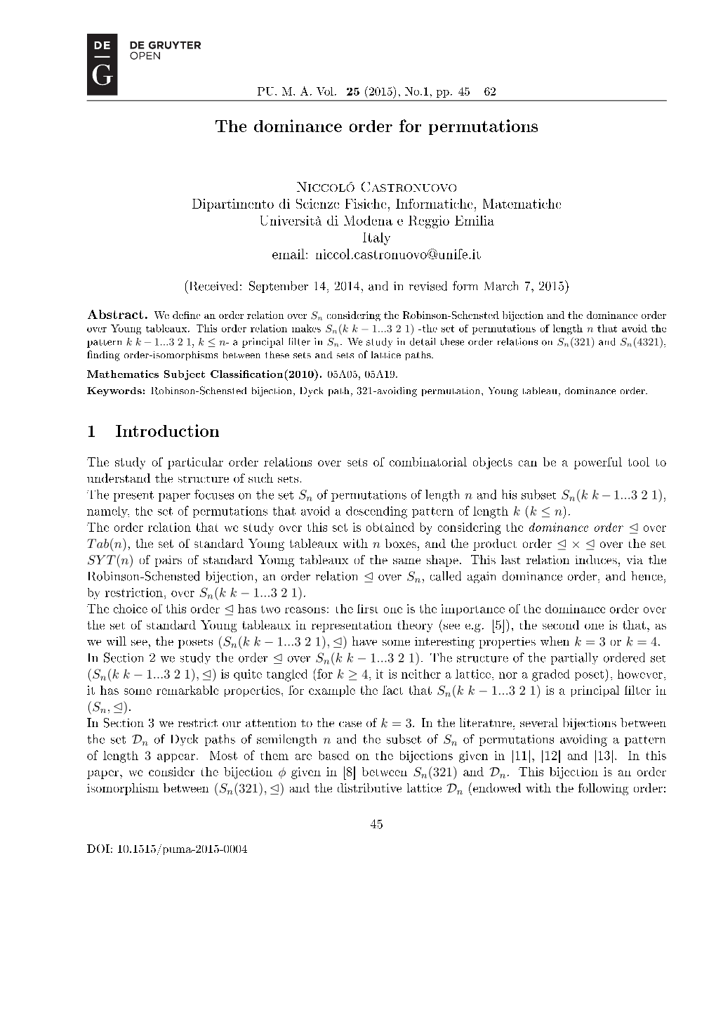 The Dominance Order for Permutations Niccoló Castronuovo 1 Introduction