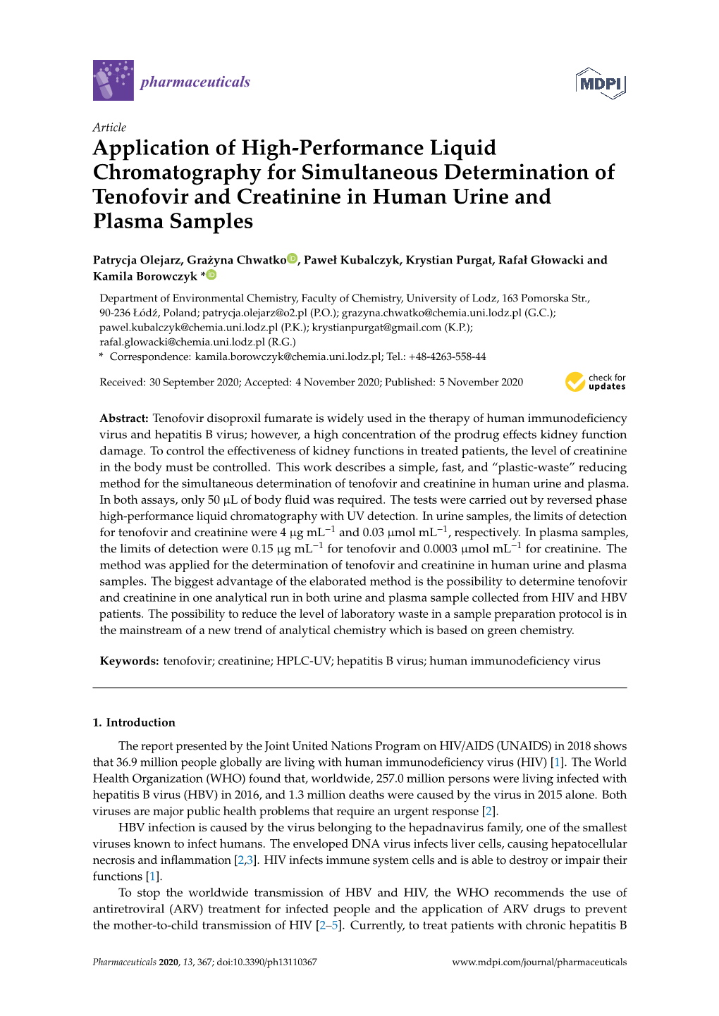 Application of High-Performance Liquid Chromatography for Simultaneous Determination of Tenofovir and Creatinine in Human Urine and Plasma Samples