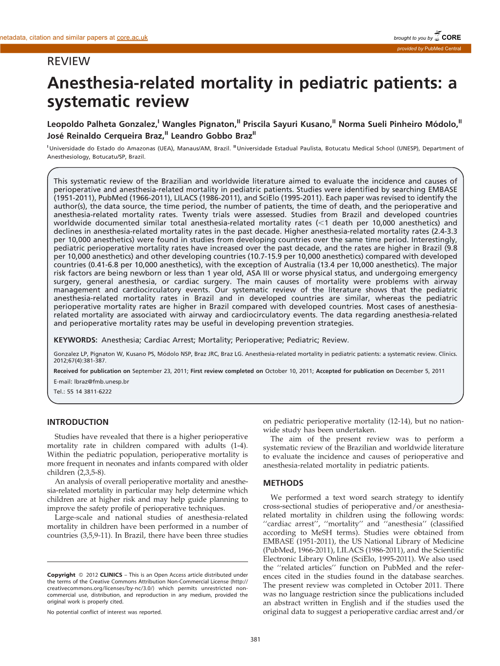 Anesthesia-Related Mortality in Pediatric Patients: a Systematic Review