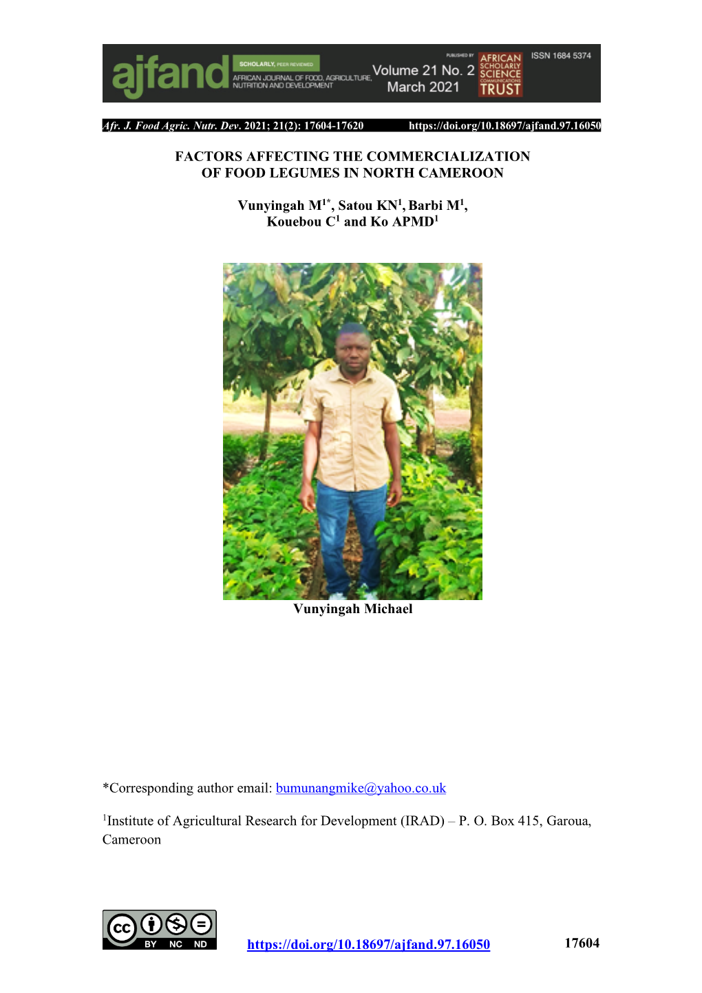 17604 FACTORS AFFECTING the COMMERCIALIZATION of FOOD LEGUMES in NORTH CAMEROON Vunyin