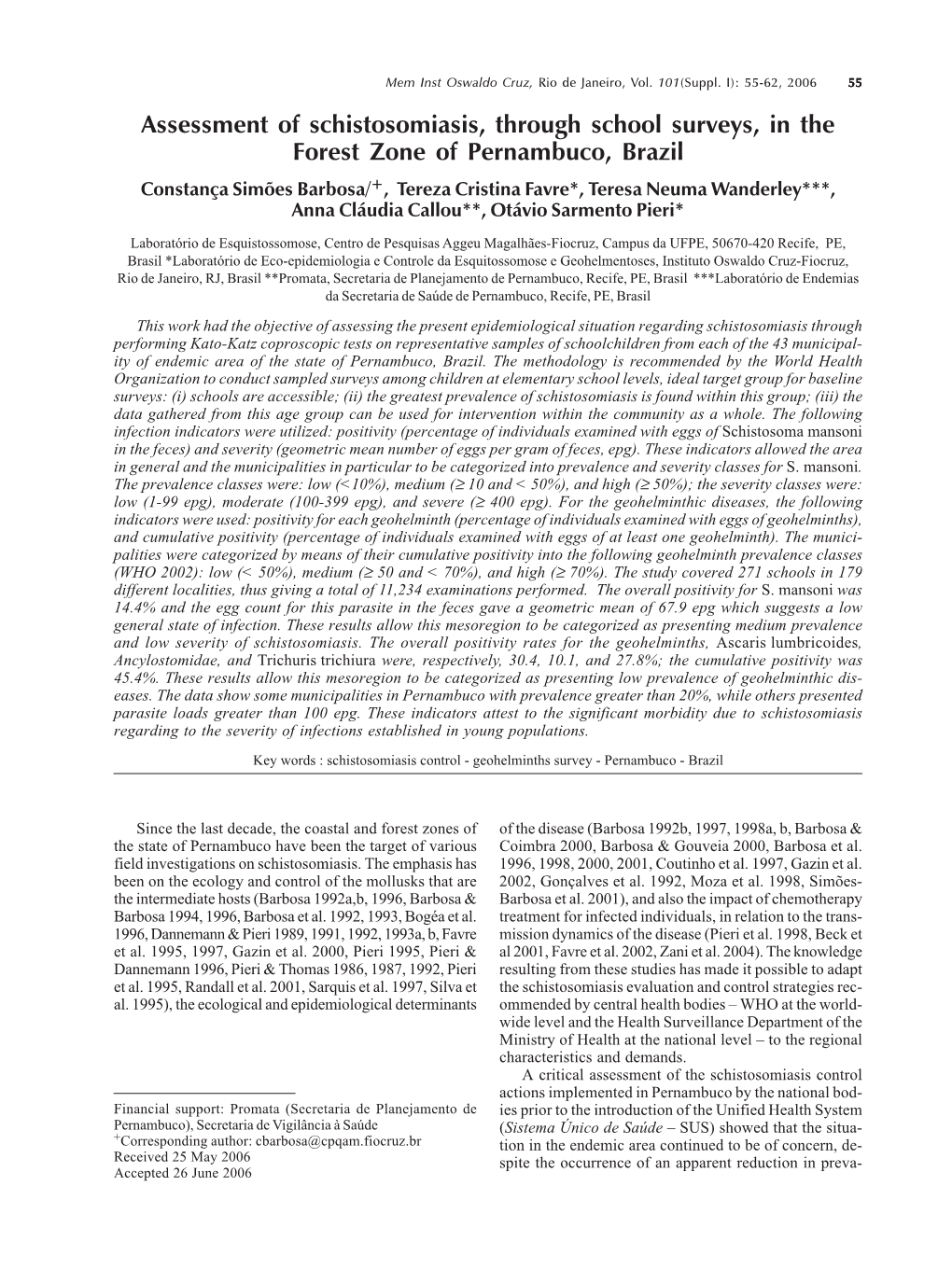 Assessment of Schistosomiasis, Through School Surveys, in the Forest Zone of Pernambuco, Brazil