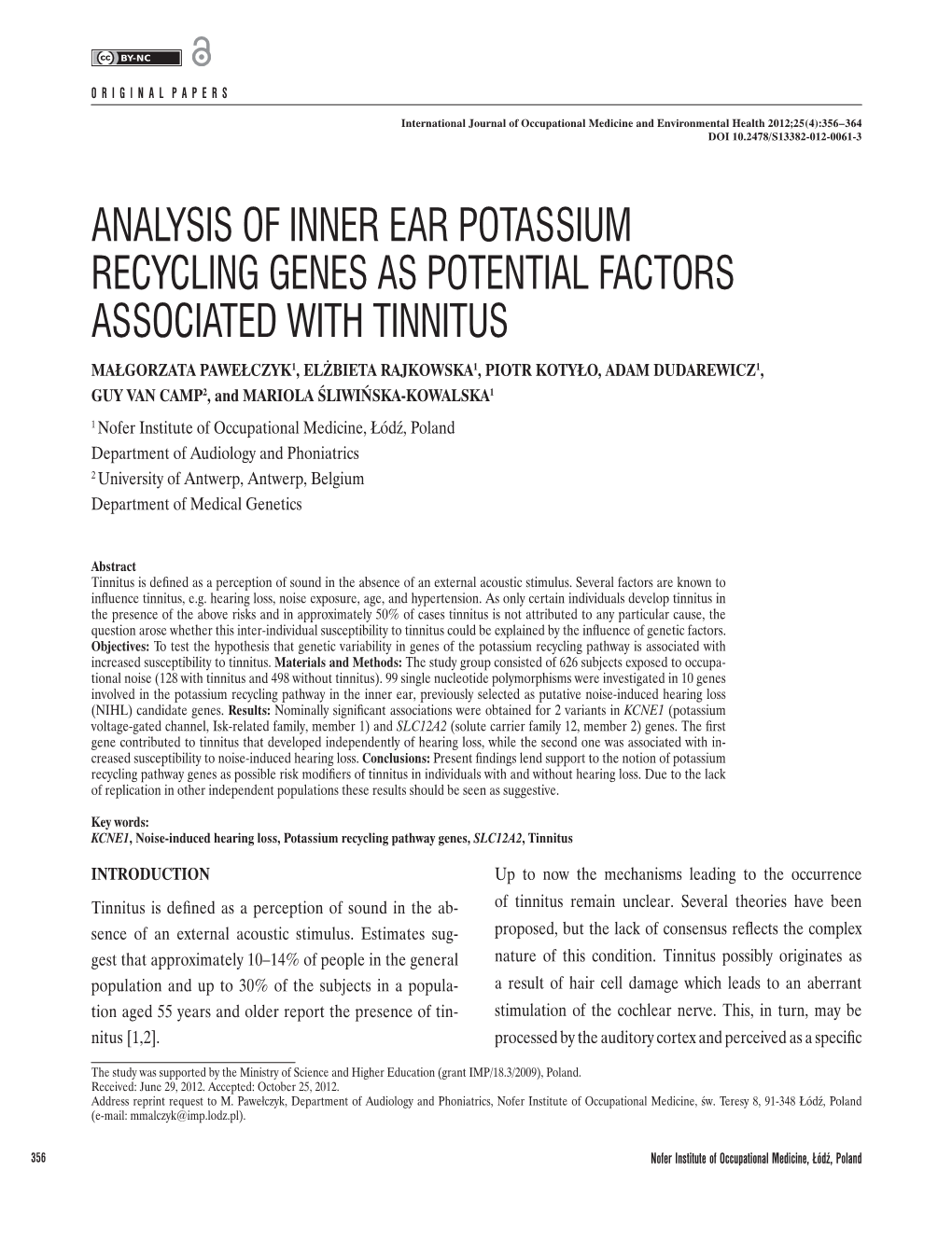 Analysis of Inner Ear Potassium Recycling Genes As Potential Factors
