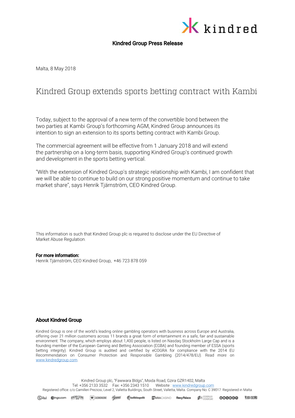 Kindred Group Extends Sports Betting Contract with Kambi